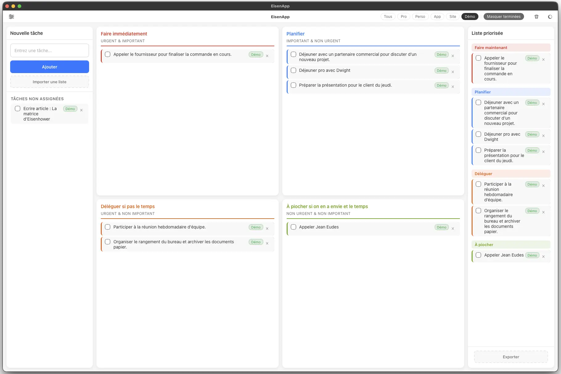 EisenApp — Matrix view with completed tasks hidden, showing only active tasks across the four quadrants