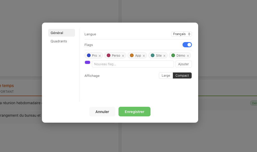 EisenApp — Settings panel, General tab: language selection, custom labels, and compact display mode