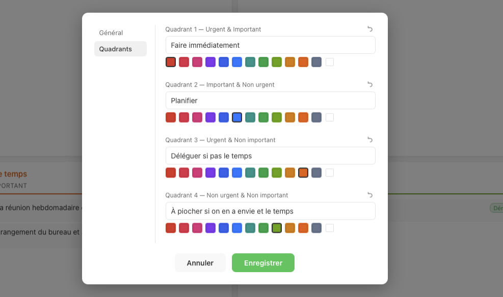 EisenApp — Settings panel, Quadrants tab: customizable names and colors for each of the four matrix quadrants